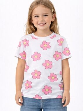 ZARA Girls Size 4/5 Pink Flower Tee White Short Sleeve